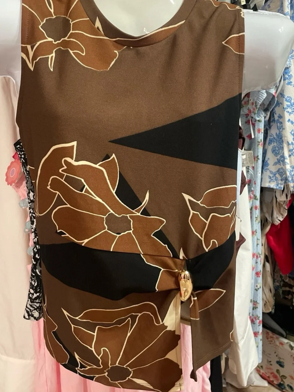 Women's Brown Floral Tie-Waist Sleeveless top